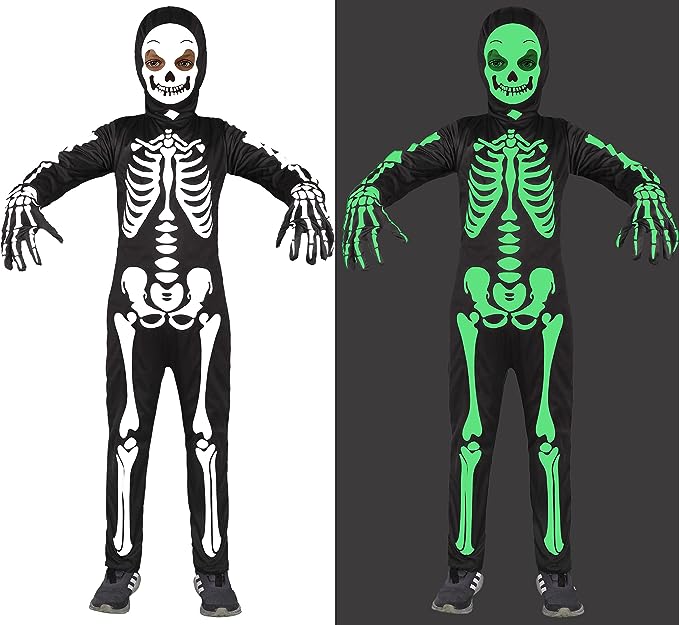 Kids Skeleton Costume Glow in The Dark Halloween Bone Bodysuit with Skeleton Hood Mask Black