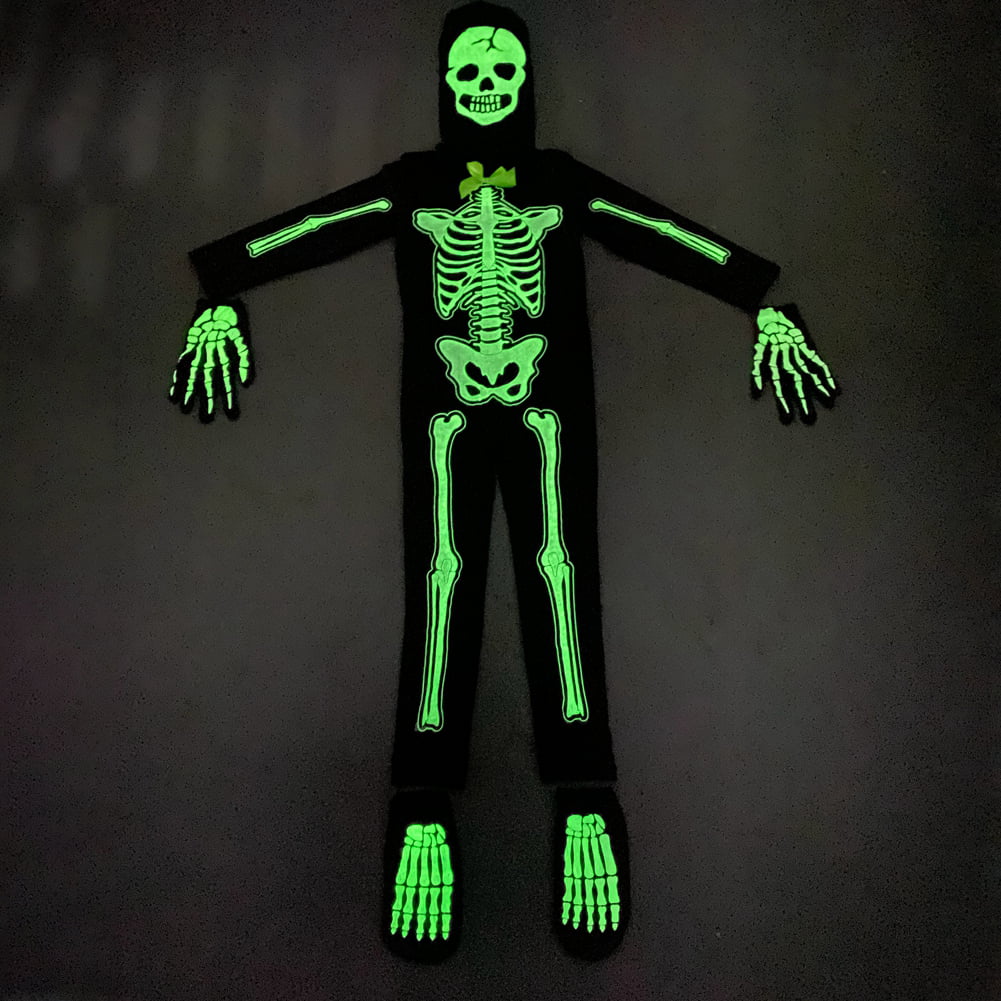 Kids Skeleton Costume Glow in The Dark Halloween Bone Bodysuit with Skeleton Hood Mask Black