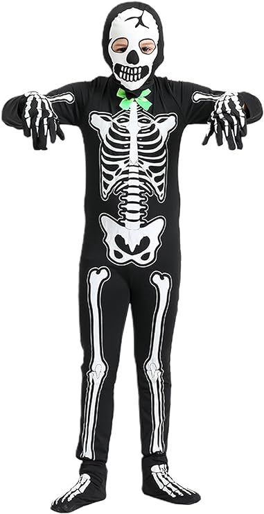 Kids Skeleton Costume Glow in The Dark Halloween Bone Bodysuit with Skeleton Hood Mask Black