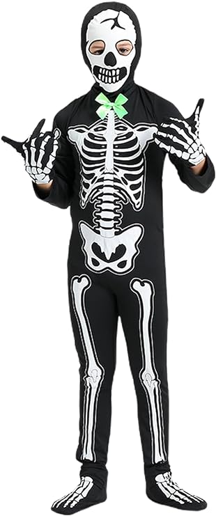 Kids Skeleton Costume Glow in The Dark Halloween Bone Bodysuit with Skeleton Hood Mask Black